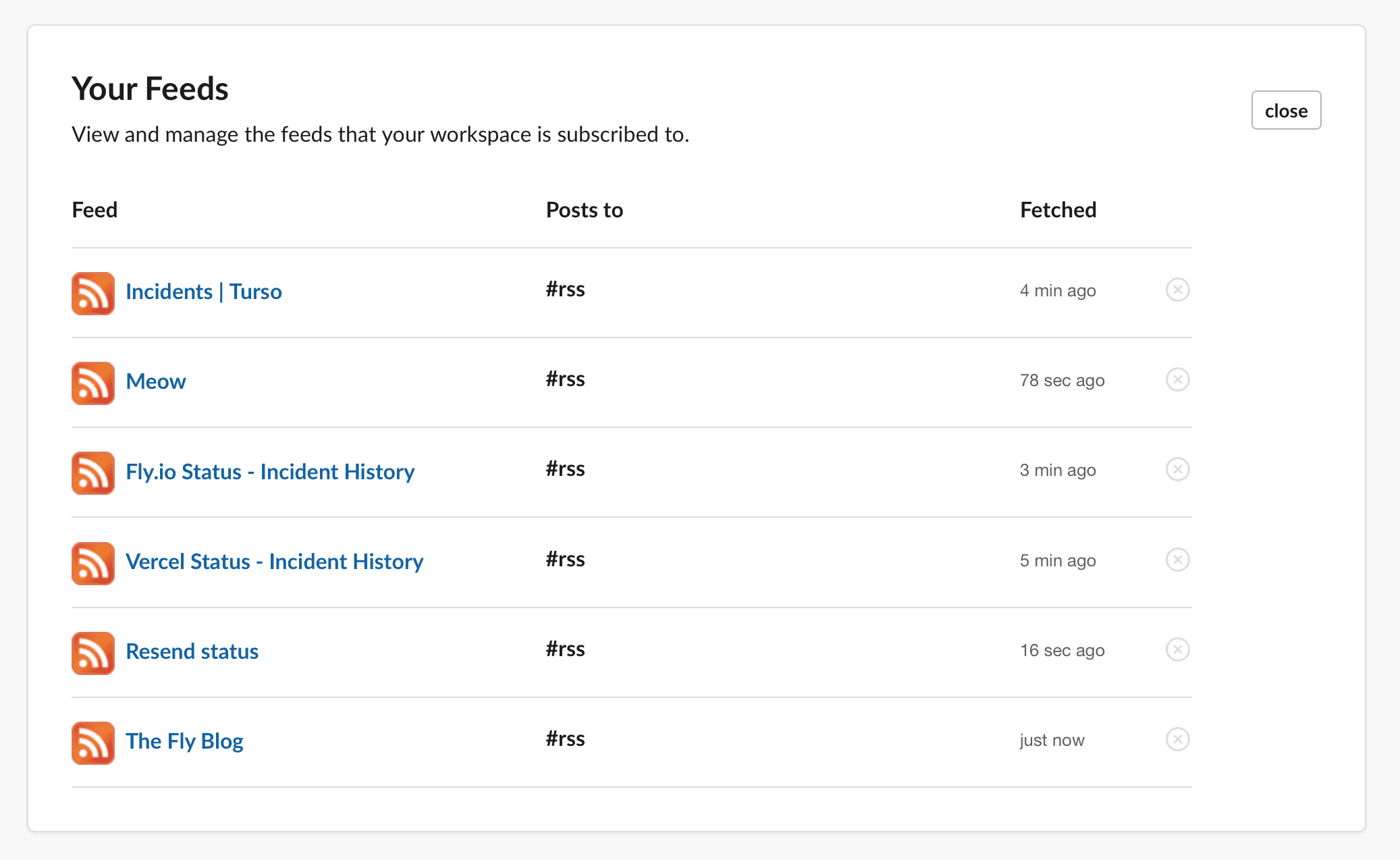 Slack RSS app settings - List of subscribed feeds