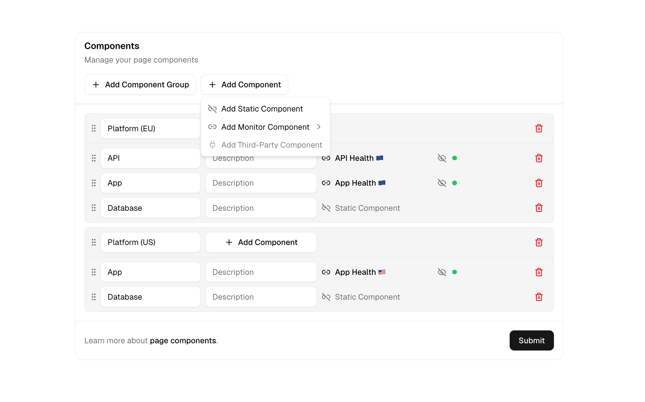 Page components form, grouped by regions